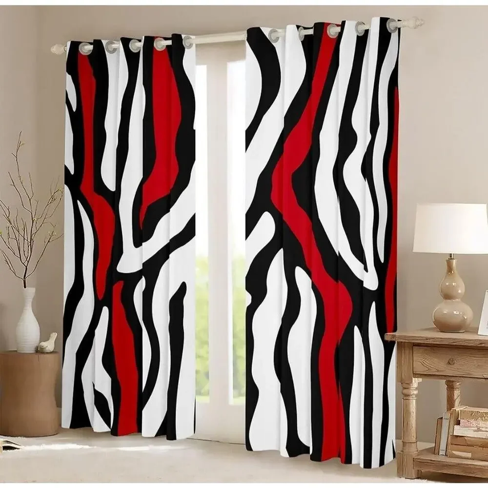 Manfei Zebra Print Window Curtains Black White Red Wave Stripe Set 38W x 54L